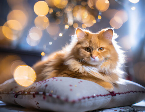 Cat laying on a pillow with lights in the background. Bokeh effect. Genevieve AI