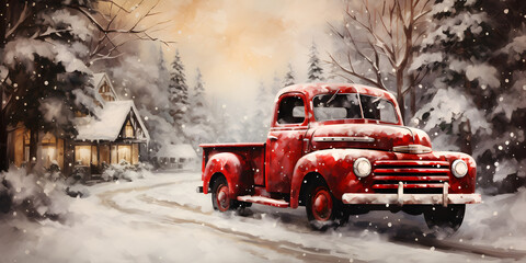 Red truck in winter wonderland on its way to Christmas tree lot - obrazy, fototapety, plakaty