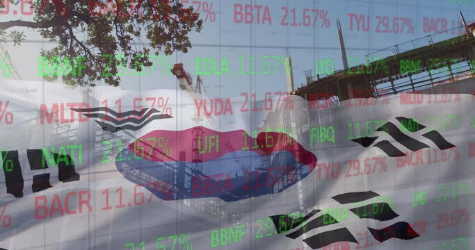 Animation of stock market and flag of south korea over building site