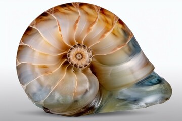 Snail-like, spiral-shaped seashell with transparent background. Generative AI