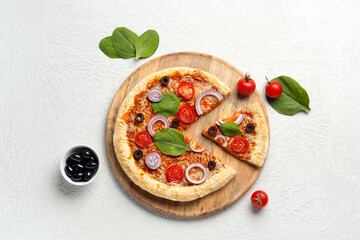 Board with tasty pizza and bowl of olives on white background