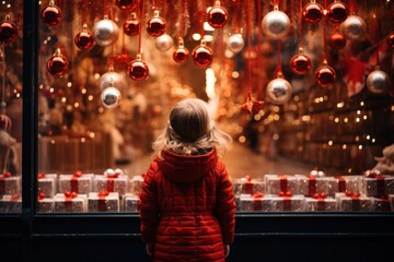 little girl in a red jacket looking through a display window at Christmas decorations and gifts in a store