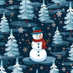 Fototapeta premium Magical Winter Wonderland, Seamless Christmas Snowman Background