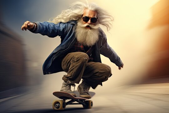 Illustration Portrait of a senior man riding a skateboard in the city. Ai generative