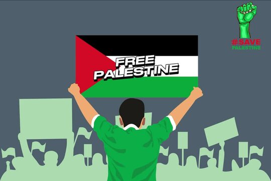 Simple animation of a protester showing a Palestinian flag with the message FREE PALESTINE