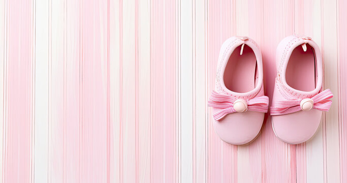 zapatillas de bebe rosas tipo bailarinas  con lazo sobre soporte rosa y blanco