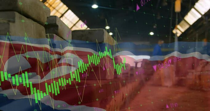 Animation of diagrams, stock market and flag of north korea over warehouse