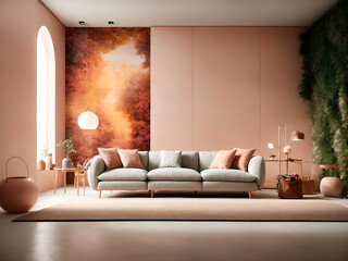 The modern creative living room interior design of a full wall background in a concept house, serving as a canvas for art, photos, and design.