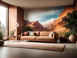The modern creative living room interior design of a full wall background in a concept house, serving as a canvas for art, photos, and design.