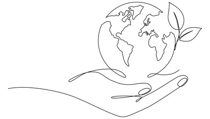 Human hands holding Earth globe with leaves continuous line drawn. Linear world map with plant. Save Planet concept. World environment day symbol. Vector illustration isolated on white.