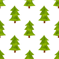 Watercolor pattern, Christmas trees on a white background. Winter pattern for various New Year, Christmas products.