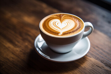 hot cappuccino white coffee cup with heart shape, generative ai
