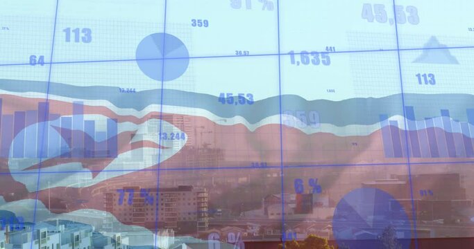 Animation of diagrams, data processing and flag of north korea over city