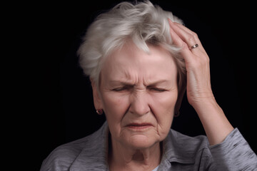 An elderly woman feels excruciating pain in her head, a sharp attack of pain
