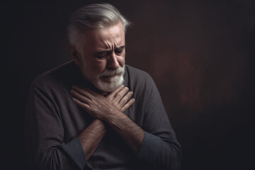 elderly man feeling unwell, upset old middle-aged grandfather touching throat with hands experiencing pain, heartburn