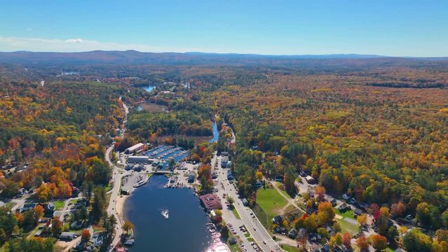 Alton Bay at Lake Winnipesaukee aerial view and village of Alton Bay in fall in town of Alton, New Hampshire NH, USA. 