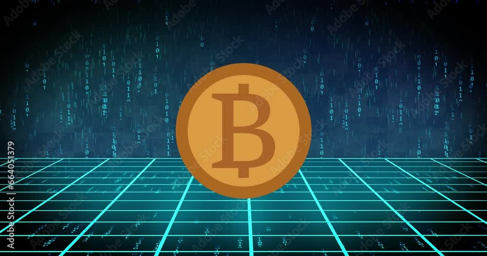 Poster animation of bitcoin over binary coding on black background