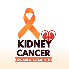 Kidney cancer awareness Month, cancer awareness ribbon and kidney icon with heart shape, typography