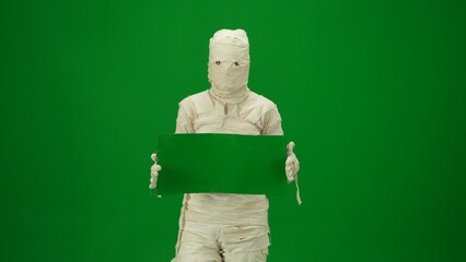 Green screen isolated chroma key photo capturing a creepy holding a green screen banner. Medium...