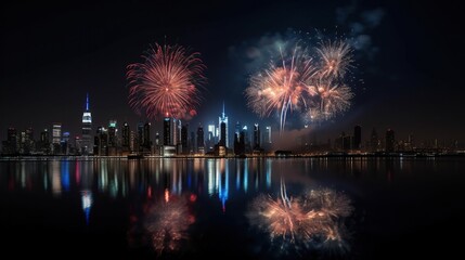 Fototapeta premium Fireworks in front of a skyline of a big city