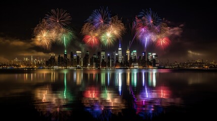 Fototapeta premium Fireworks in front of a skyline of a big city