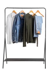 Stylish male clothes hanging on rack against white background