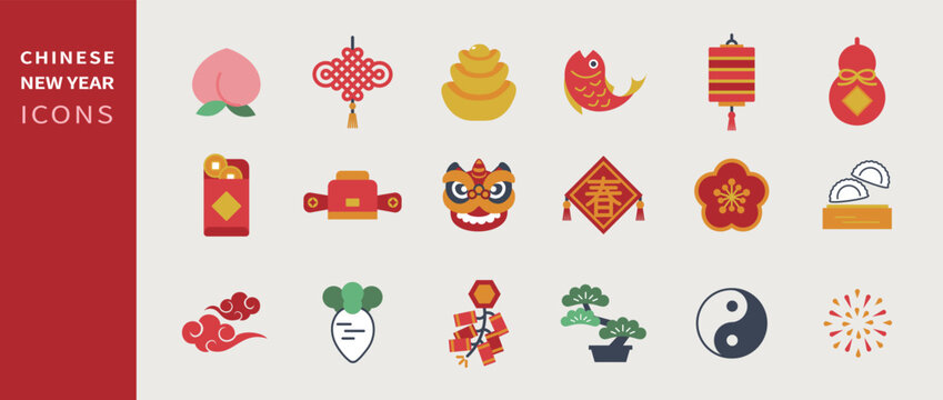 Vector set of Lunar year decorations elements. Chinese new year icons.  All elements are isolated. Chinese Text: Spring, Happy Lunar Year.