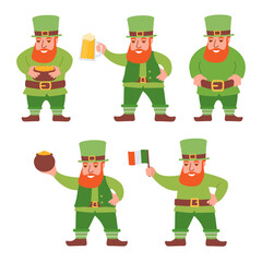 A dwarf with an Irish flag. A leprechaun with a pot of gold. Irish beer.Cartoon Leprechaun holding a pot of gold.Happy St Patrick's Day. Ireland traditional holiday symbol to the pub.