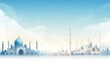 White mosque with dome and minaret, ramadan, mubarak, eid - obrazy, fototapety, plakaty