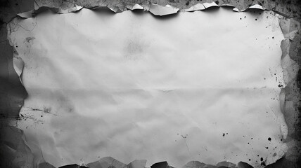 Frayed newsprint paper, black torn edge, rip texture, grey background with hole