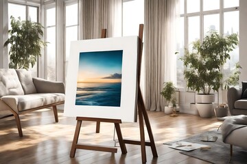 A Canvas Frame for a mockup standing gracefully on a chrome easel, placed near a sunlit bay window in a modern living room