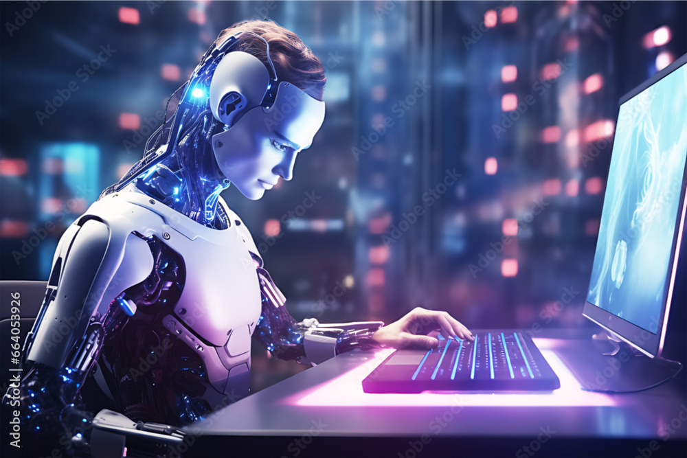 Wall mural photo chat with ai, ai technology, artificial intelligence. man using technology smart robot ai, art