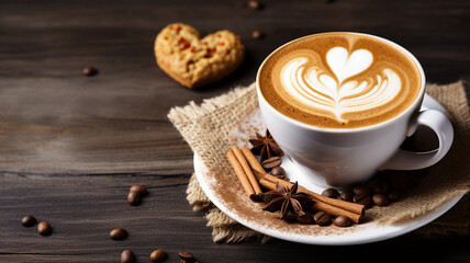 Fototapeta na wymiar Coffee cup with hot latte, cappuccino, heart art