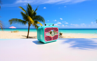 Fototapeta premium Radio on an empty sandy sea beach. Teal & pink colored radio on the sand near the ocean water. Aquamarine & red radio near a palm tree on a desert island. Turquoise & purple radio station. Copy space 