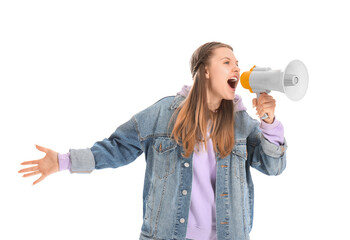 Naklejka premium Young woman shouting into megaphone on white background