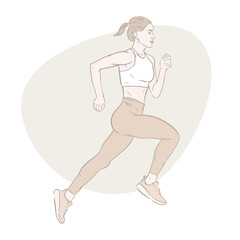 Beautiful, athletic woman running. Sport top, leggings, sneakers. Hair gathered in a tail. Outdoor activity, cardio workout. Healthy morning habits. Vector illustration, pastel colors, line art.