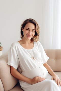 Young happy pregnant woman with big belly in a modern house. Pregnancy, motherhood. Generative ai