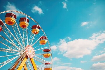 Colorful ferris wheel of the amusement park in the blue sky background. Generative ai