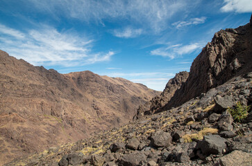 Peaks and ridge in High Atlas mountain in Toubkal national park, Morocco, Africa