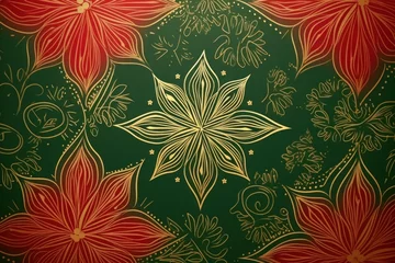  golden elegant Christmas ornament on red green background . Christmas background. © Margo_Alexa