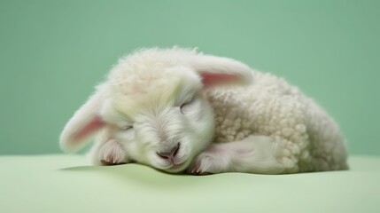 Cute sheep lying on floor sleeping with closed eyes on a green background. Created with Generative Ai technology.