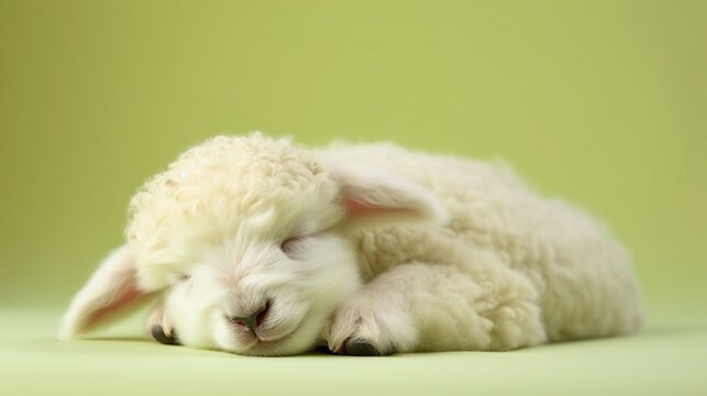Cute sheep lying on floor sleeping with closed eyes on a green background. Created with Generative Ai technology.