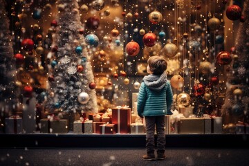 little boy looking through a display window at Christmas decorations and gifts in a store - obrazy, fototapety, plakaty