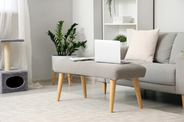 Interior of light living room with soft bench and sofa