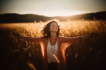 Backlit Portrait of calm happy smiling free woman with open arms and closed eyes enjoys a beautiful moment life on the fields at sunset - obrazy, fototapety, plakaty