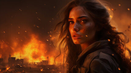 Portrait of a female soldier with a background of fire and ruins