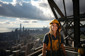 Woman working in the construction of a big skyscraper with a city skyline in the back.
