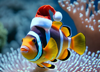 Clownfish in Xmas spirit swim in aquarium (AI generated)