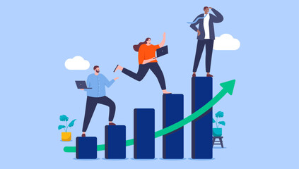 Successful business people teamwork - Team of ambitious businesspeople on rising chart heading for success and triumph. Flat design vector illustration with blue background