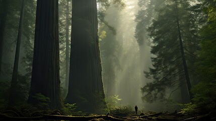 Obraz premium a person standing in the middle of a forest surrounded by tall trees. generative ai